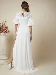 SHEIN Belle Contrast Lace Lantern Sleeve Wrap Hem Wedding Dress - White - View 2