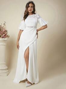 SHEIN Belle Contrast Lace Lantern Sleeve Wrap Hem Wedding Dress - White - View 1