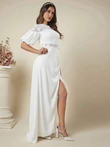 SHEIN Belle Contrast Lace Lantern Sleeve Wrap Hem Wedding Dress - White - View 5