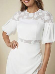 SHEIN Belle Contrast Lace Lantern Sleeve Wrap Hem Wedding Dress - White - View 6