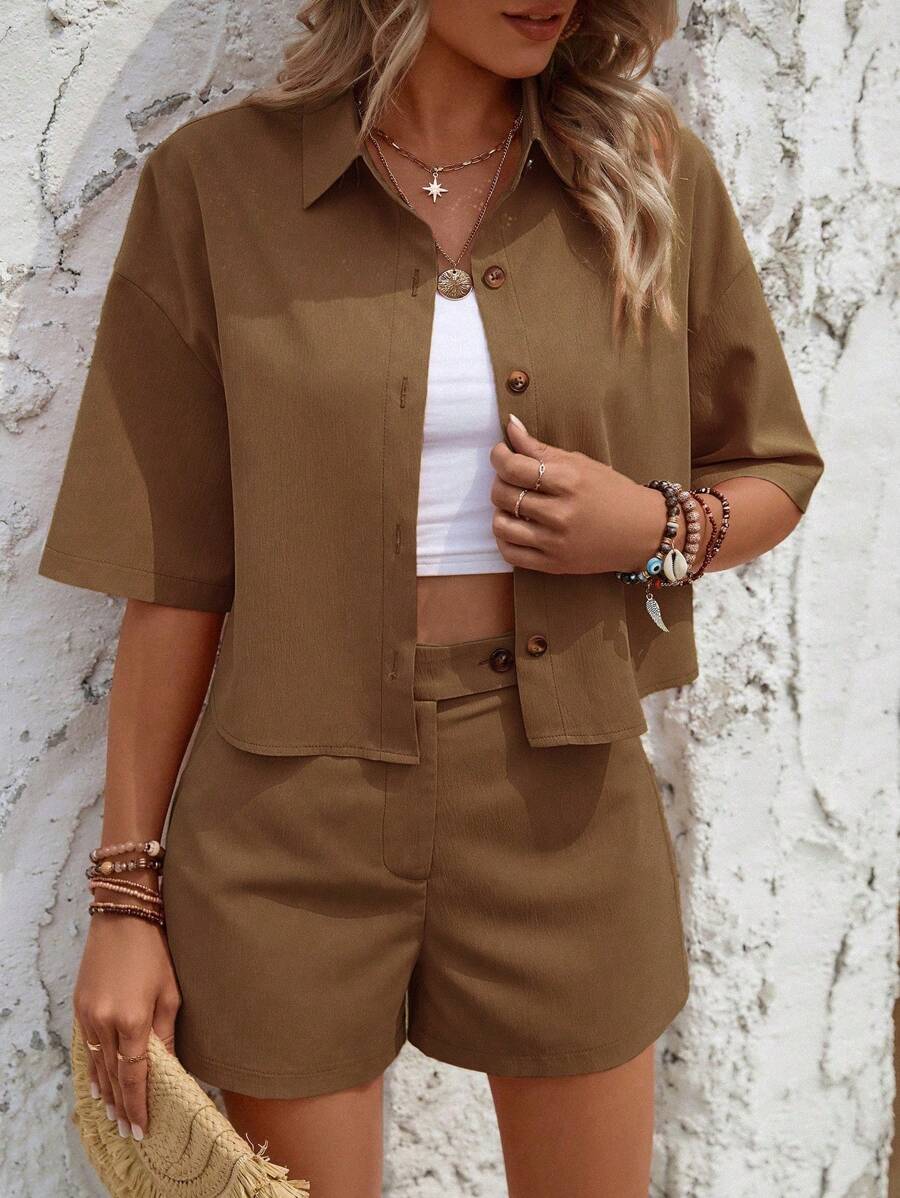 SHEIN VCAY Chất rắn Thả vai Áo sơ mi & Quần short - Màu nâu  Mocha - Xem 1
