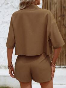 SHEIN VCAY Chất rắn Thả vai Áo sơ mi & Quần short - Màu nâu  Mocha - Xem 2