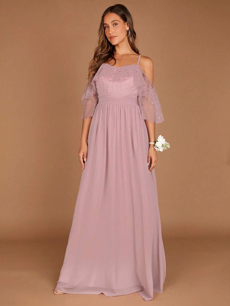 SHEIN Belle 1入組挖肩荷葉邊雪紡伴娘洋裝 - 藕粉色 - 查看 1