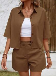 SHEIN VCAY Chất rắn Thả vai Áo sơ mi & Quần short - Màu nâu  Mocha - Xem 5