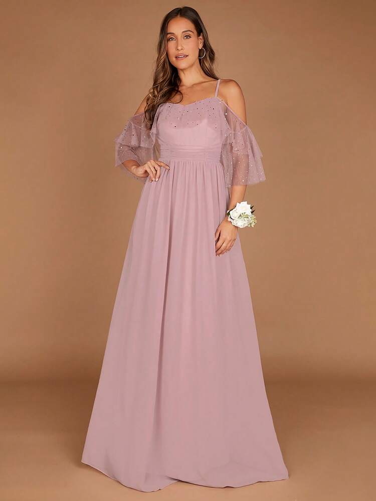 1pc Cold Shoulder Ruffle Trim Chiffon Bridesmaid Dress