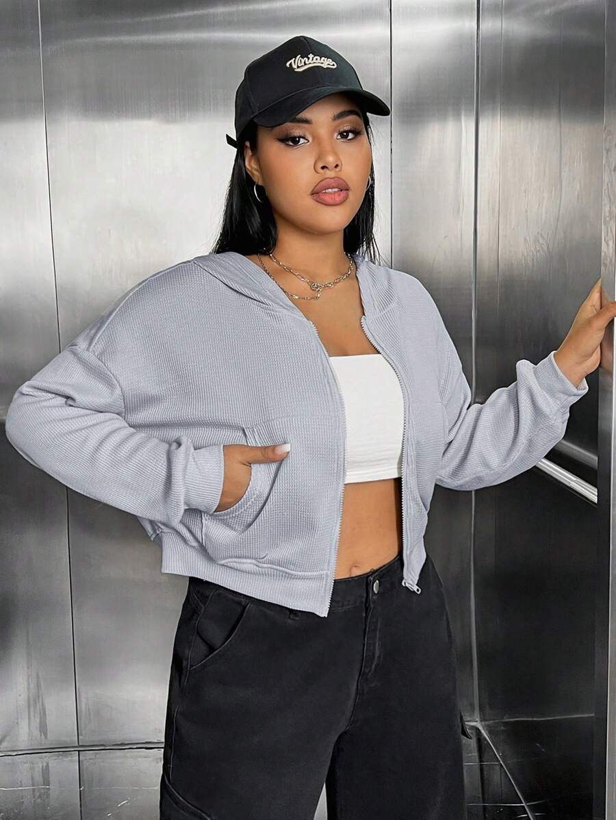SHEIN EZwear 加大码拉链落肩卫衣 - 灰色 - 查看 1