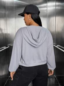 SHEIN EZwear 加大码拉链落肩卫衣 - 灰色 - 查看 2