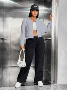 SHEIN EZwear 加大码拉链落肩卫衣 - 灰色 - 查看 3