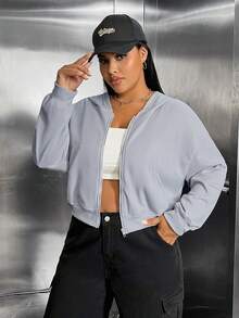 SHEIN EZwear 加大码拉链落肩卫衣 - 灰色 - 查看 4