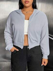 SHEIN EZwear 加大码拉链落肩卫衣 - 灰色 - 查看 5