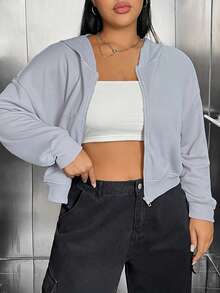 SHEIN EZwear 加大码拉链落肩卫衣 - 灰色 - 查看 6