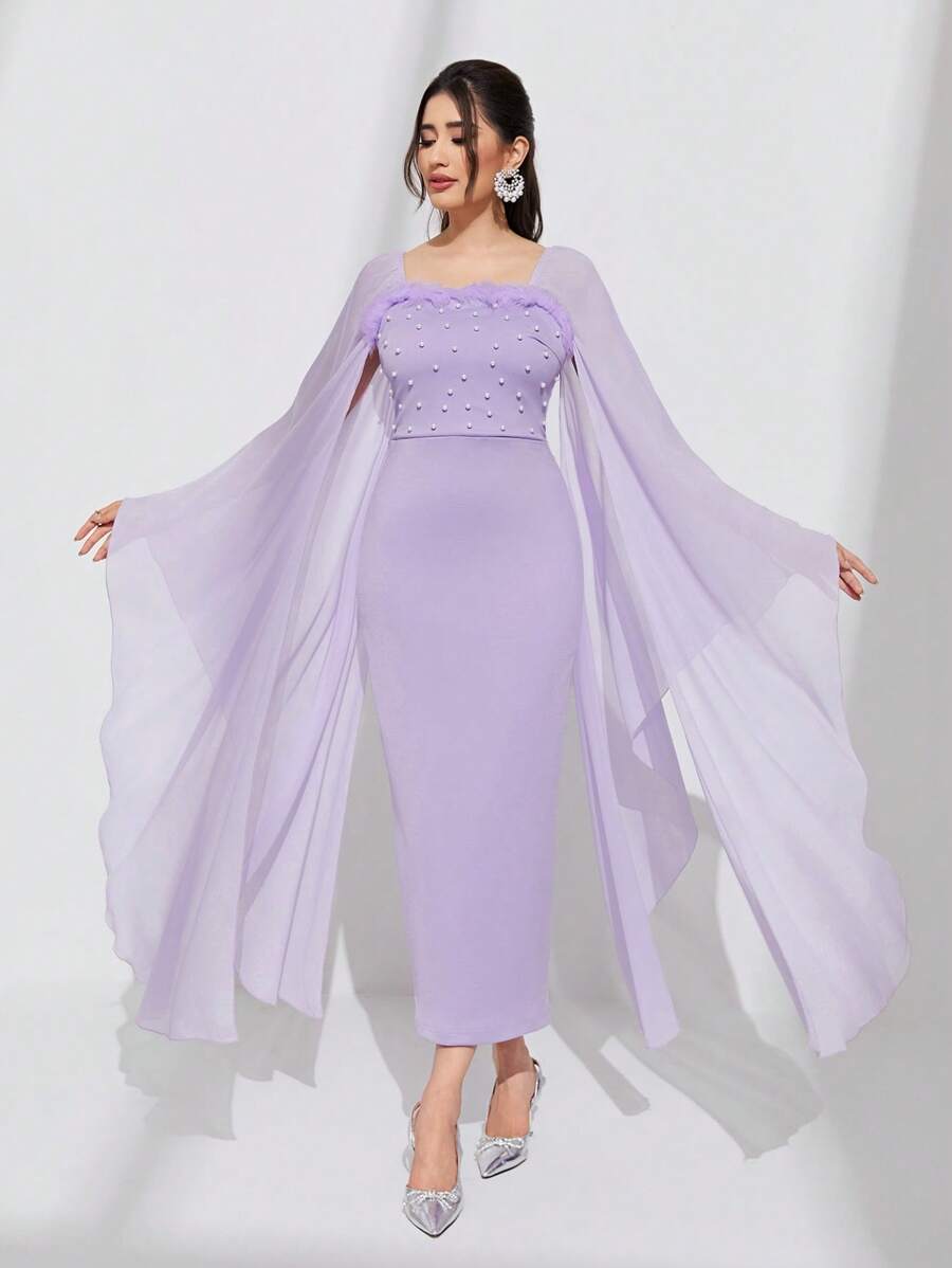 Modelyn Contrast Mesh Cloak Sleeve Split Back Dress - Lilac Purple - View 1