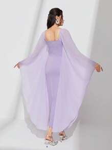 Modelyn Contrast Mesh Cloak Sleeve Split Back Dress - Lilac Purple - View 2