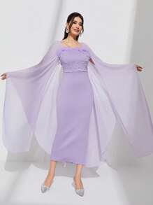 Modelyn Contrast Mesh Cloak Sleeve Split Back Dress - Lilac Purple - View 3
