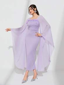 Modelyn Contrast Mesh Cloak Sleeve Split Back Dress - Lilac Purple - View 4