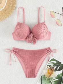 Knot Front Push Up Bikini Set - Dusty Pink - View 3