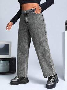 SHEIN ICON 大碼高腰斜口袋牛仔褲 - 灰色 - 查看 1