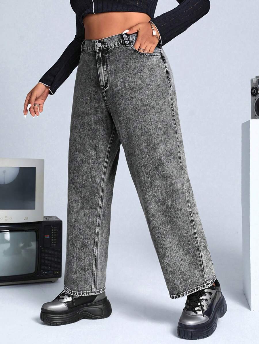 SHEIN ICON 大碼高腰斜口袋牛仔褲 - 灰色 - 查看 1