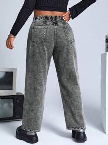 SHEIN ICON 大碼高腰斜口袋牛仔褲 - 灰色 - 查看 2