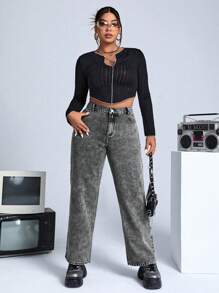 SHEIN ICON 大碼高腰斜口袋牛仔褲 - 灰色 - 查看 3