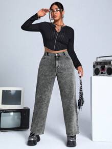 SHEIN ICON 大碼高腰斜口袋牛仔褲 - 灰色 - 查看 4