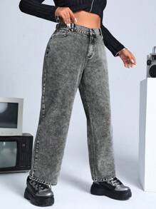 SHEIN ICON 大碼高腰斜口袋牛仔褲 - 灰色 - 查看 5