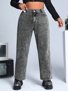 SHEIN ICON 大碼高腰斜口袋牛仔褲 - 灰色 - 查看 6