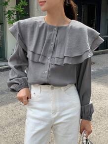DAZY 荷葉邊鈕扣前開叉袖襯衫 - 灰色 - 查看 7