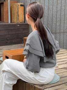 DAZY 荷葉邊鈕扣前開叉袖襯衫 - 灰色 - 查看 2