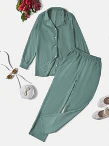 RueChic Teen Girl Solid Button Front Shirt & Pants - Green - View 1