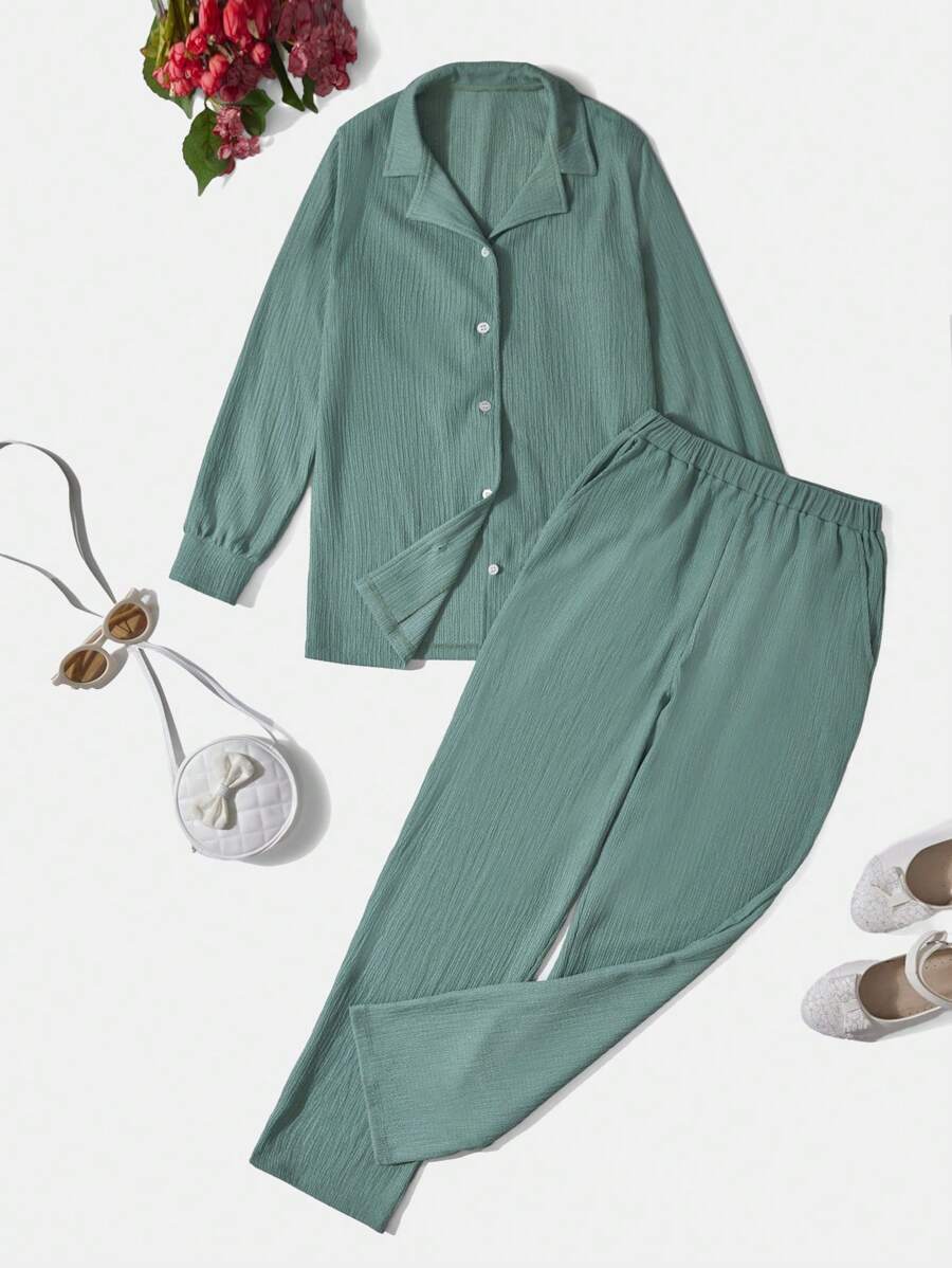 RueChic Teen Girl Solid Button Front Shirt & Pants - Green - View 1