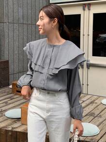 DAZY 荷葉邊鈕扣前開叉袖襯衫 - 灰色 - 查看 3