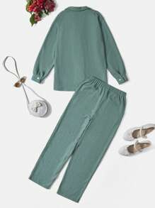 RueChic Teen Girl Solid Button Front Shirt & Pants - Green - View 2