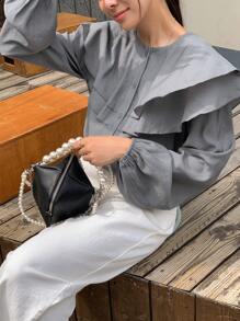 DAZY 荷葉邊鈕扣前開叉袖襯衫 - 灰色 - 查看 4