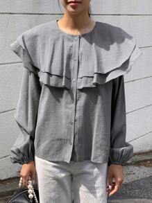 DAZY 荷葉邊鈕扣前開叉袖襯衫 - 灰色 - 查看 5