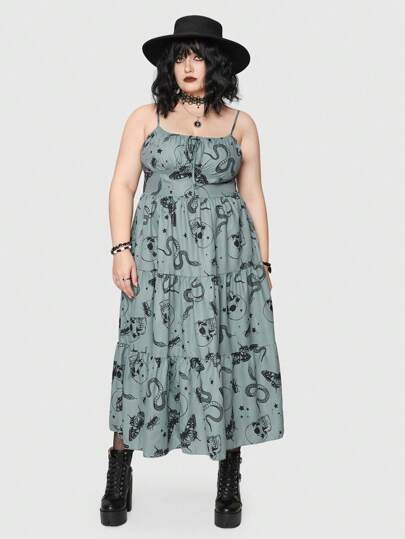 Goth Plus Butterfly & Skull Print Drawstring Front Ruffle Hem Cami Dress