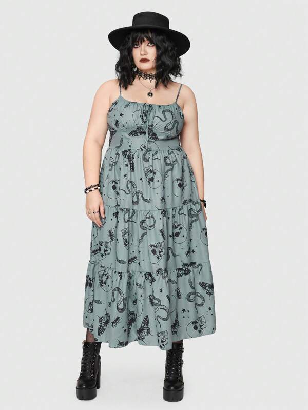 Goth Plus Butterfly & Skull Print Drawstring Front Ruffle Hem Cami Dress
