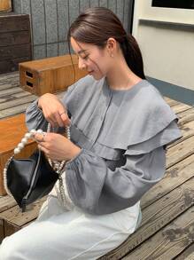 DAZY 荷葉邊鈕扣前開叉袖襯衫 - 灰色 - 查看 8