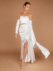 SHEIN Belle 一字肩短款上衣&高衩半身裙 - 白色 - 查看 4