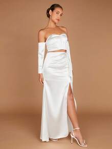 SHEIN Belle 一字肩短款上衣&高衩半身裙 - 白色 - 查看 5