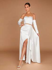 SHEIN Belle 一字肩短款上衣&高衩半身裙 - 白色 - 查看 1