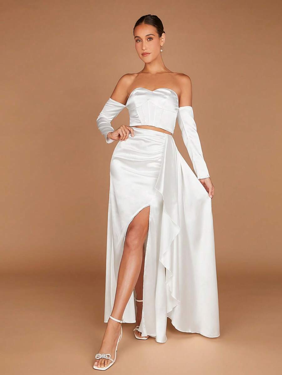 SHEIN Belle 一字肩短款上衣&高衩半身裙 - 白色 - 查看 1