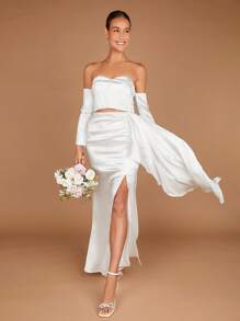 SHEIN Belle 一字肩短款上衣&高衩半身裙 - 白色 - 查看 6