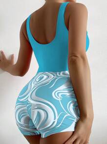 SHEIN Swim 液體圖案鏤空前打結連體泳衣