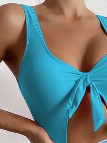 SHEIN Swim 液體圖案鏤空前打結連體泳衣