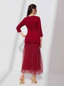 Modelyn Vestido de cuello cuadrado con diseño de botón bajo con malla - Rojo - Ver 2
