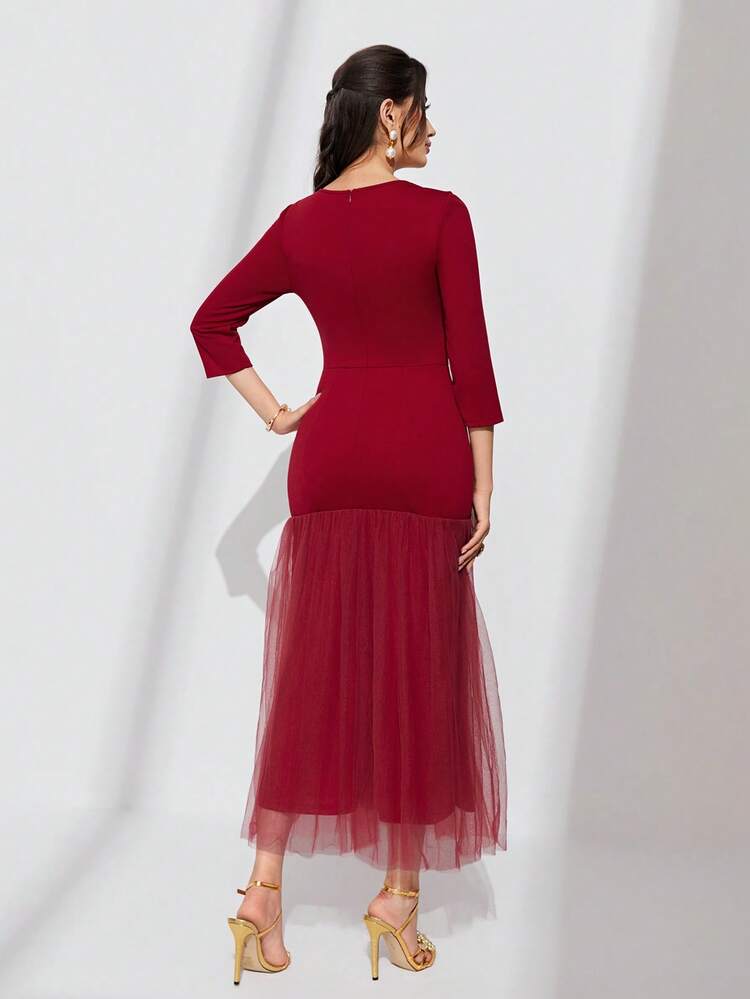 Square Neck Button Detail Mesh Hem Dress