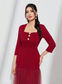 Modelyn Vestido de cuello cuadrado con diseño de botón bajo con malla - Rojo - Ver 4