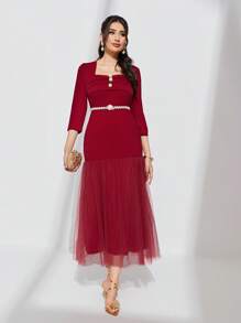 Modelyn Vestido de cuello cuadrado con diseño de botón bajo con malla - Rojo - Ver 5