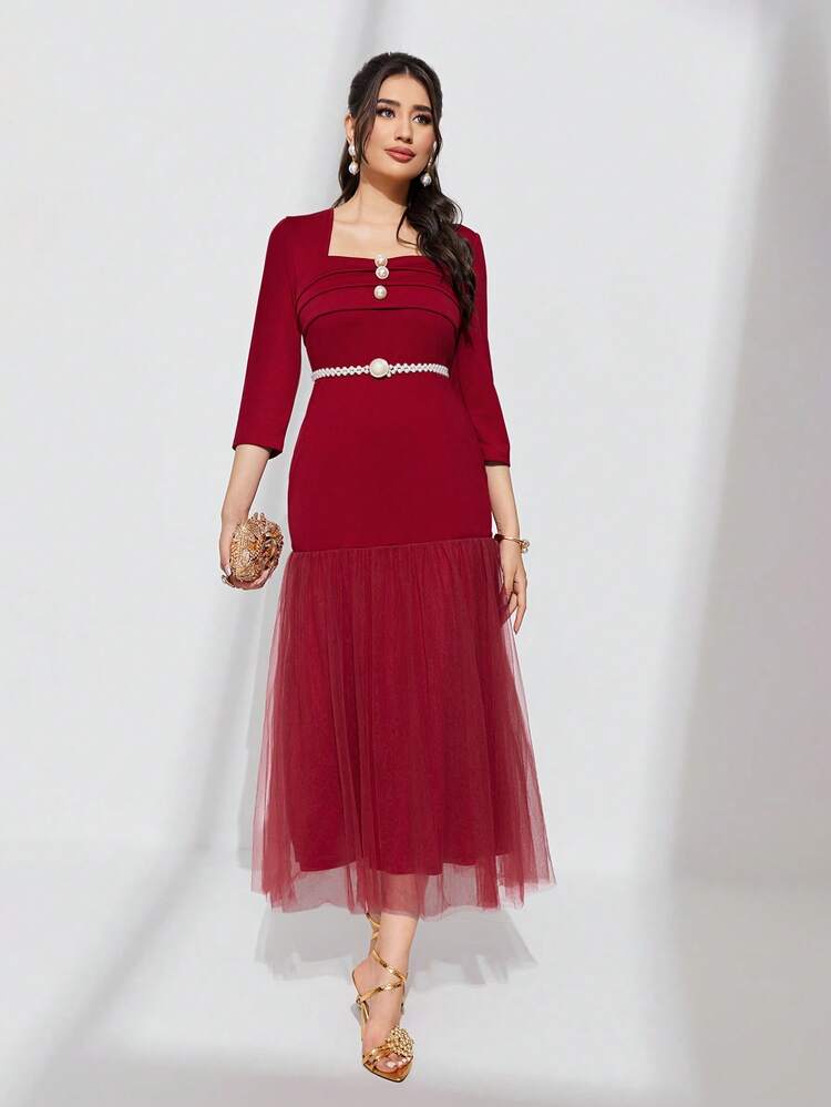 Square Neck Button Detail Mesh Hem Dress